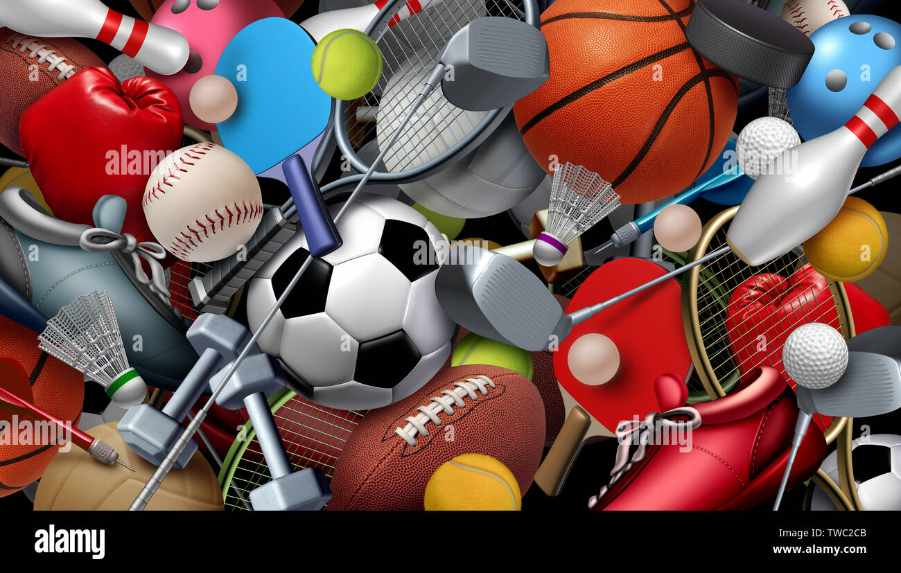 Sportausrüstung mit einem Fußball Basketball Baseball Fussball Tennis und Golf ball Tischtennis Tennis hockey puck als gesunde Erholung. Stockfoto