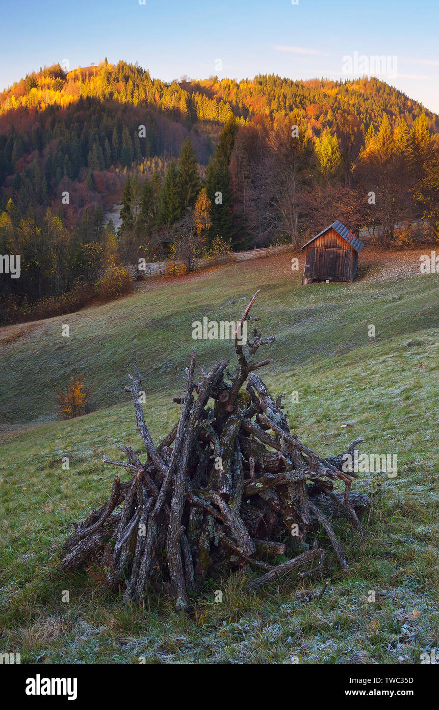 Herbst Landschaft. Brennholz Wiese. Morgen in einem Bergdorf. Holzschuppen. Karpaten, Ukraine, Europa Stockfoto