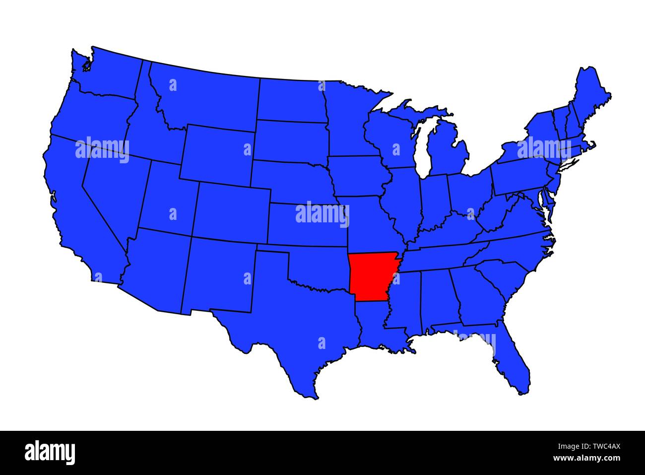 Arkansas State Umrisse und Silhouette Symbol in eine Karte der Vereinigten Staaten von Amerika Stock Vektor