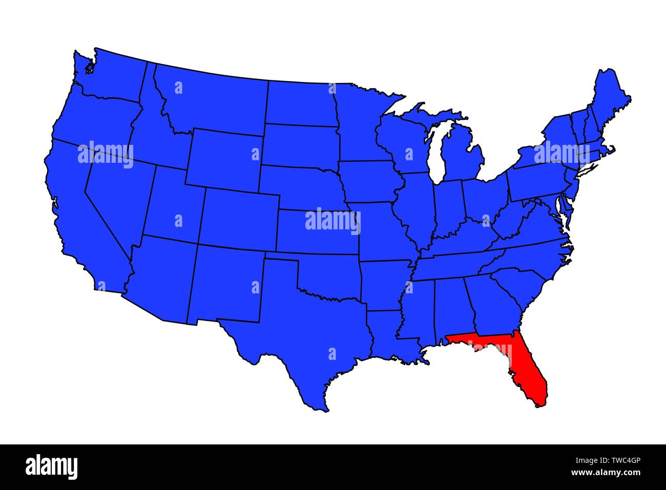 Florida State Umrisse und Silhouette in eine Karte der Vereinigten Staaten von Amerika Stock Vektor