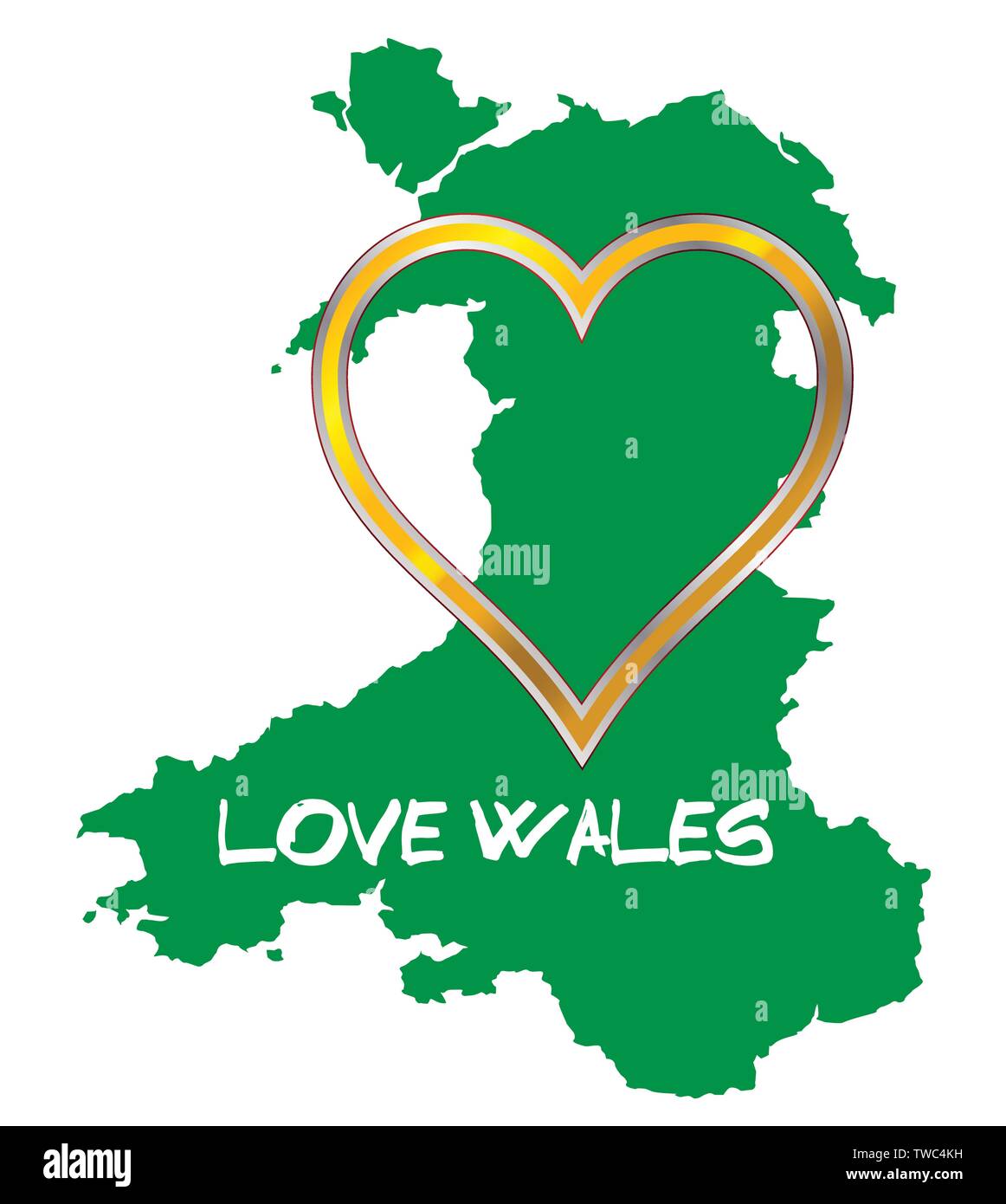 Silhouette Karte von Wales im Vereinigten Königreich mit Herz und Wales text Liebe Stock Vektor
