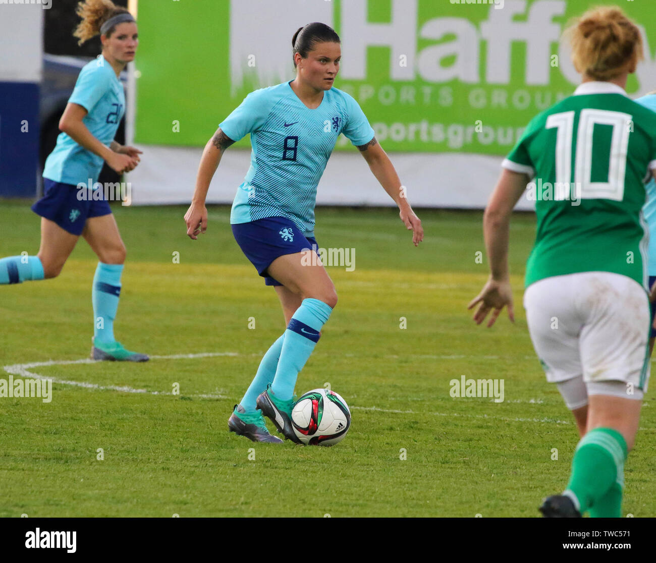 Shamrock Park, Nordirland, Großbritannien. 08. Juni 2018. Women's World Cup 2019 Vorrunde - Gruppe 3, Nord Irland 0 Niederlande 5. Niederlande internationalen Sherida Spitse (8). Stockfoto