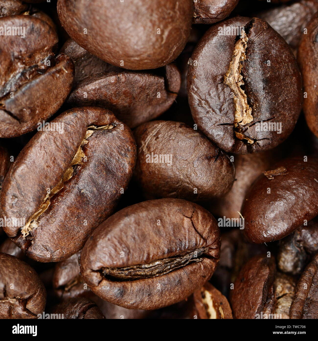 Textur Hintergrund Kaffeebohnen Nahaufnahme. Dunkle Röstung Arabikabohnen Nahaufnahme. Stockfoto