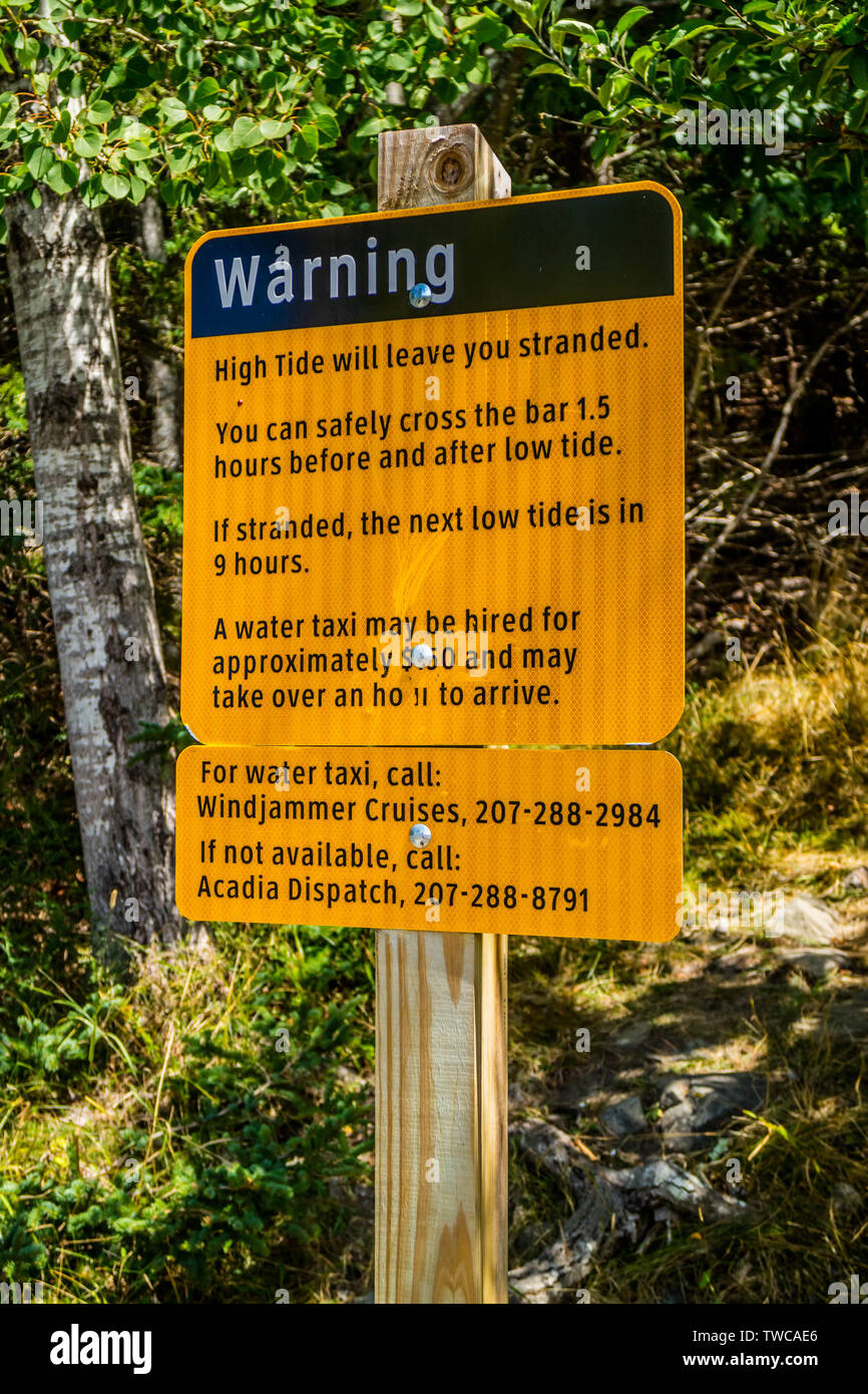 Bar Harbor, ME, USA - 19. August 2018: eine Warnung im Notfall Plakat Stockfoto