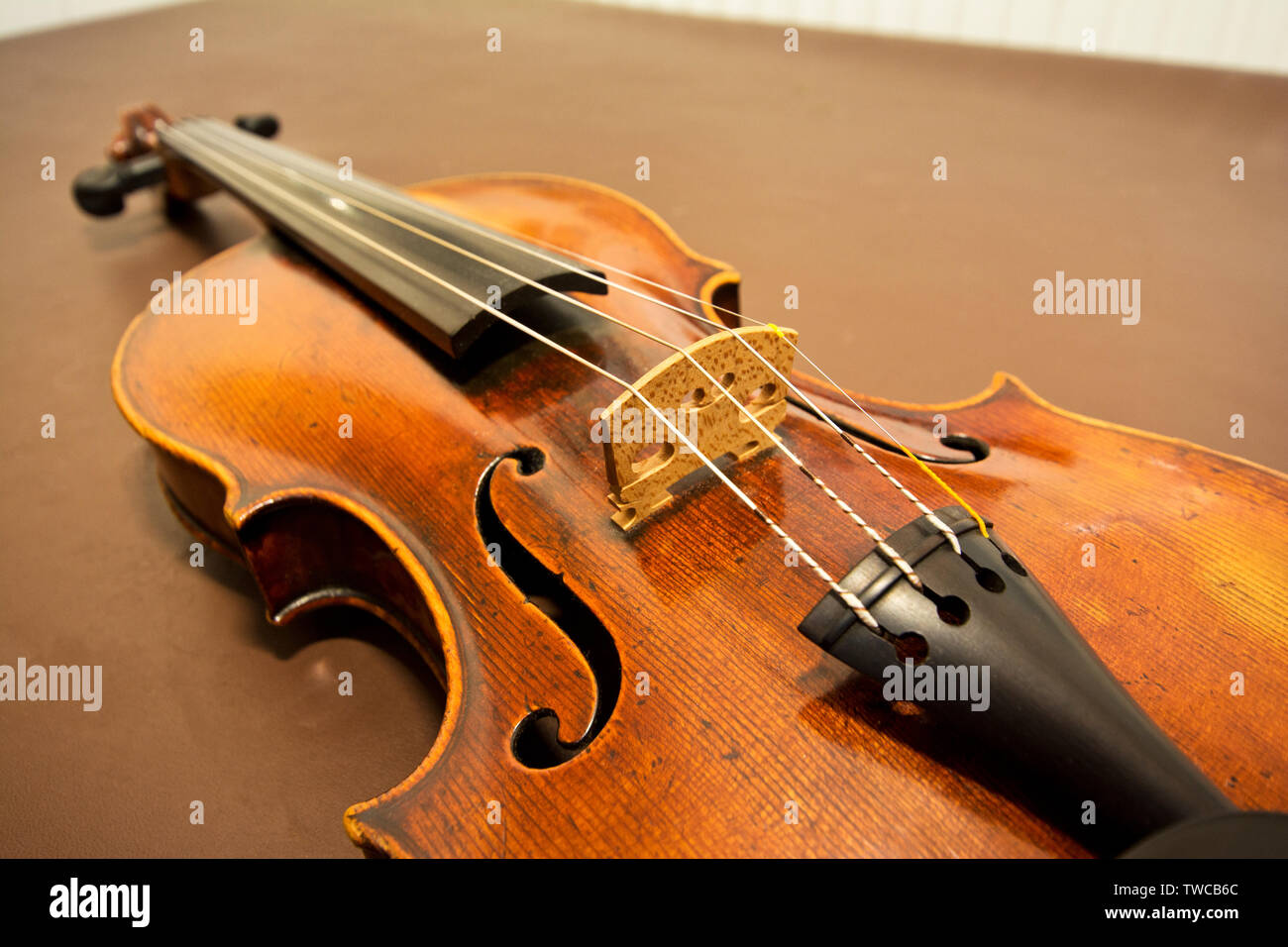 Violine Musikinstrument detail Übersicht Brücke und Streicher Stockfoto