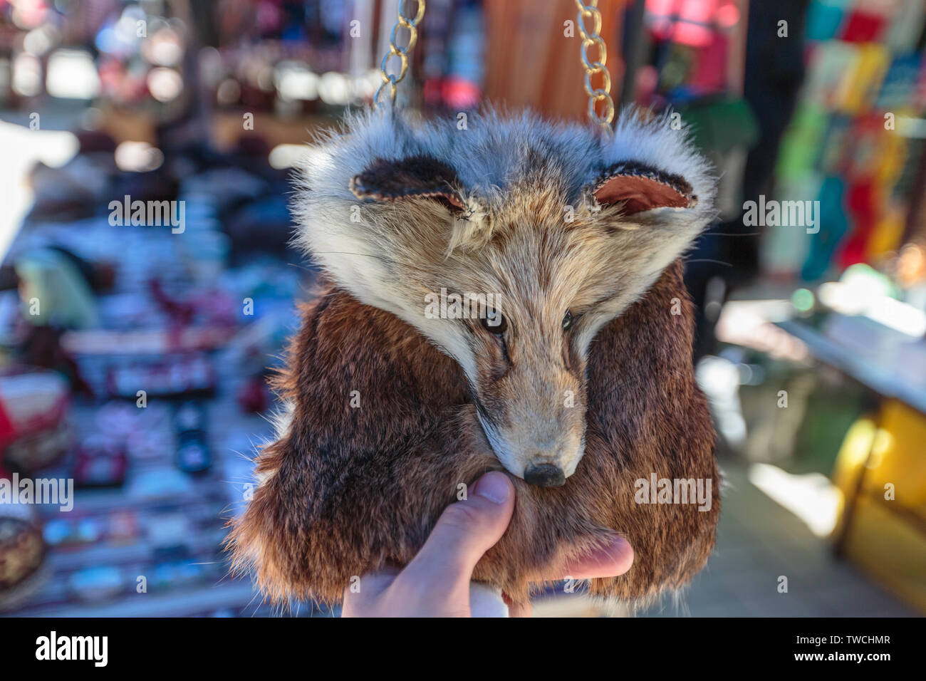 Hand hält eine Tasche in der Form einer Schnauze eines Fuchses Stockfoto