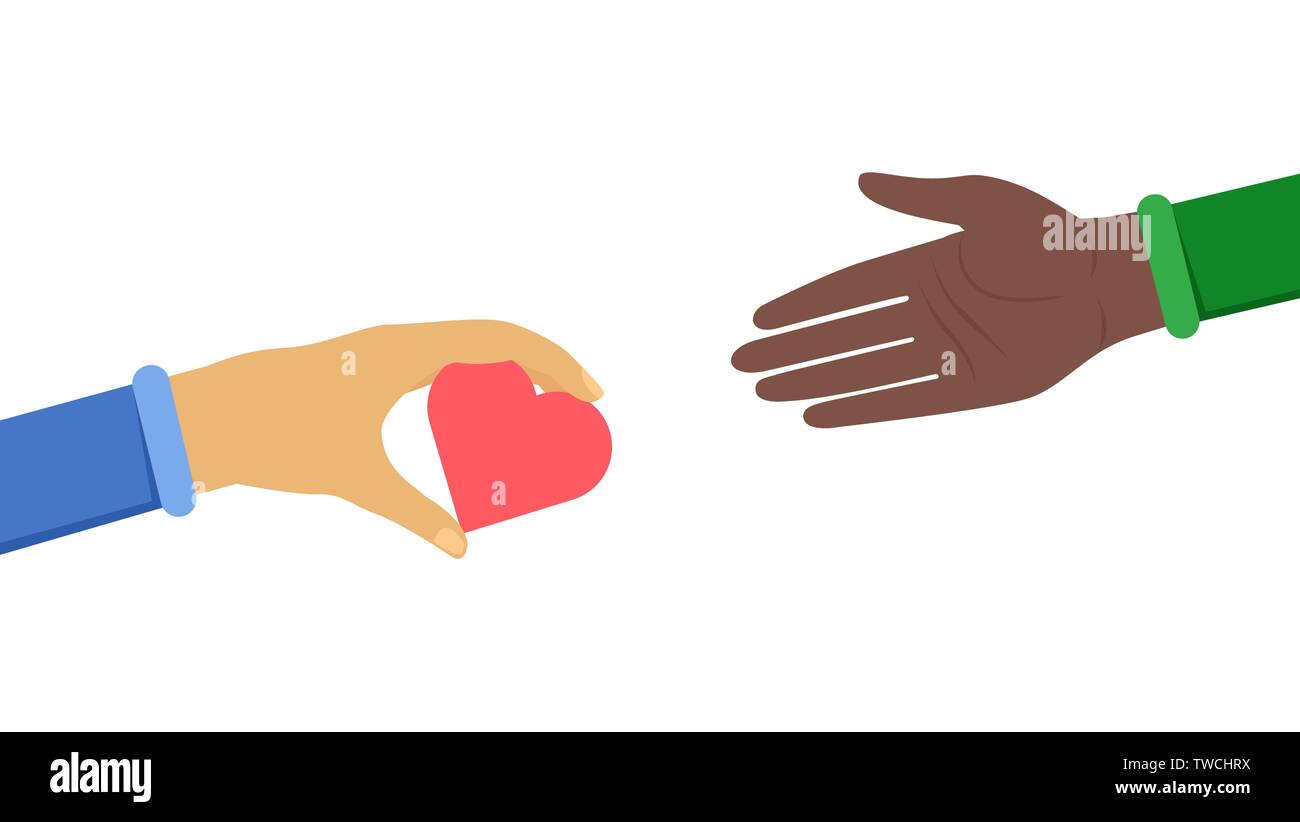 Internationale Zusammenarbeit symbol Flachbild Abbildung. Kaukasische gibt Hand helfen, schwarzer Mann, die Förderung von Frieden in der Welt. Anti-rassistische, ethnische Gleichheit, Einheit in der Vielfalt flachbild Banner Design Element Stock Vektor