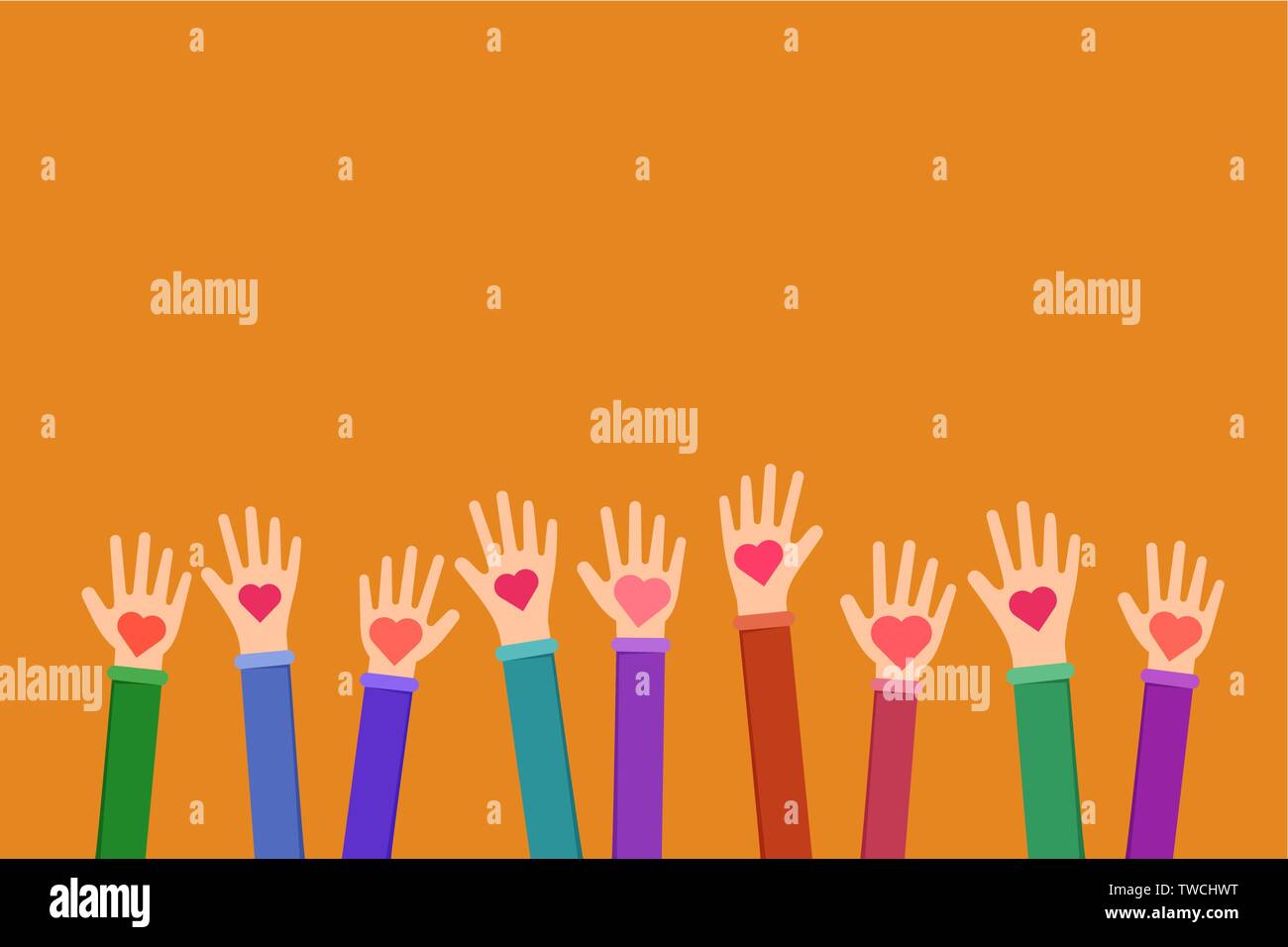 Die karitative Arbeit symbol Flachbild Abbildung. Cartoon Hände halten Herzen auf orangem Hintergrund. Charity Fund, Ehrenamt, fundraising Organisation vereint die Bemühungen um humanitäre Hilfe Stock Vektor