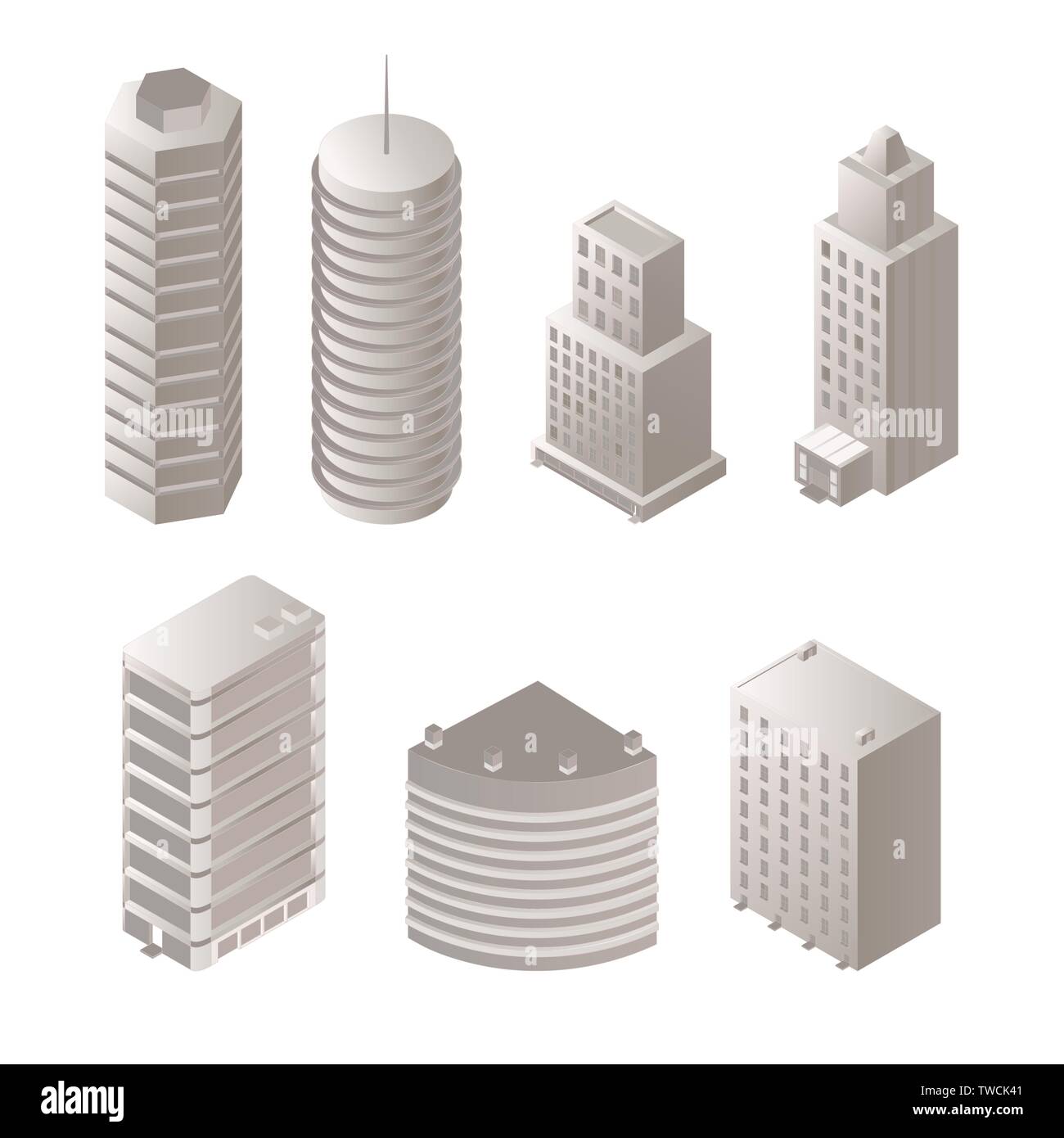 Städtische Gebäude isometrische Abbildungen. Moderne Architektur, monochrome Wolkenkratzer. Futuristische Office Center, hoch aufragenden Türmen aus Metall und Glas, 3d-Wohngebiet Konstruktionen Stock Vektor