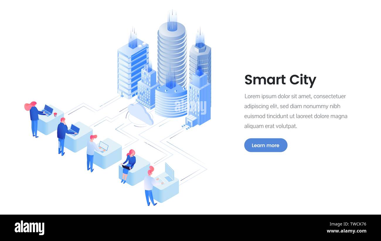Smart City isometrische Landing Page Template. Futuristische urbane Umwelt Förderung Layout einer Webseite mit Text. IT-Spezialisten, Experten, Verwaltung, Controlling megapolis Kommunikationssystem Stock Vektor