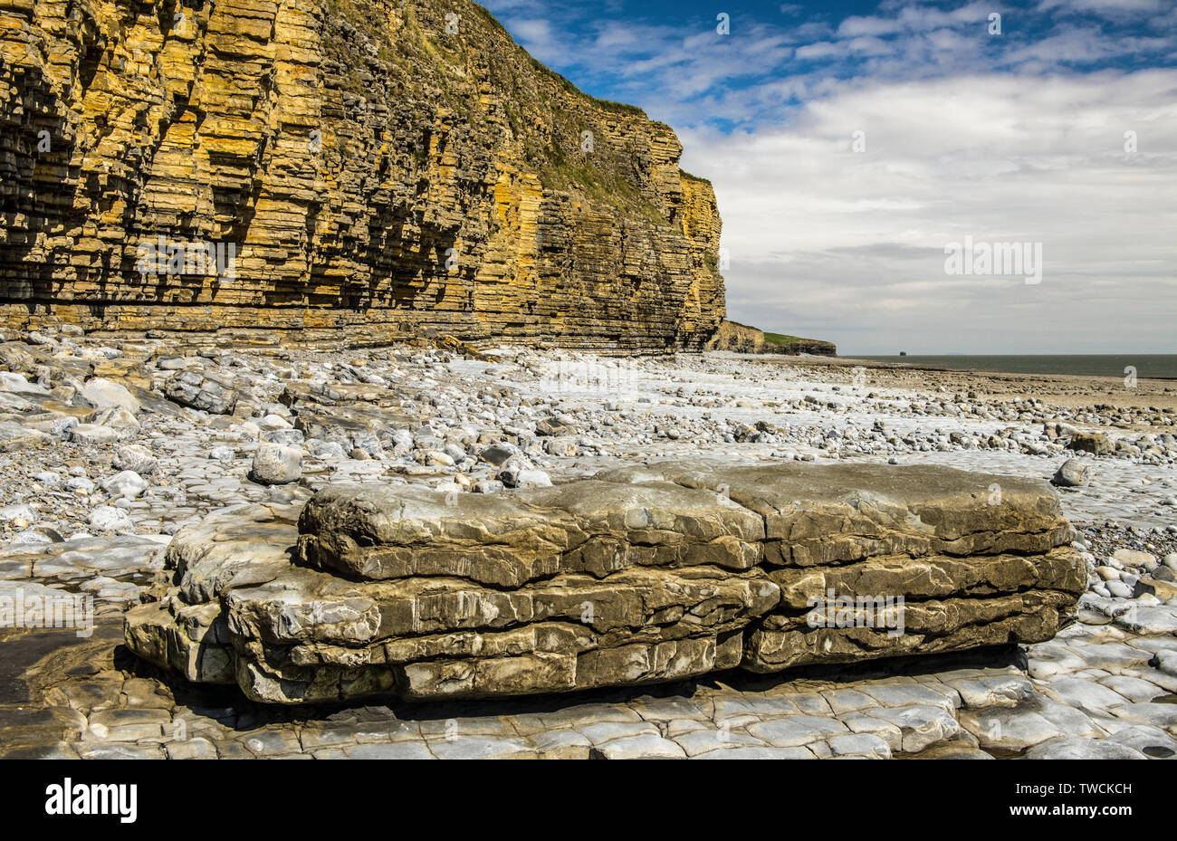 Der Glamorgan Heritage Coast in South Wales - alle Kalkstein Klippen und Felsen. Dies ist llantwit Major Strand, auch als Colhuw oder Colhugh Beach bekannt Stockfoto