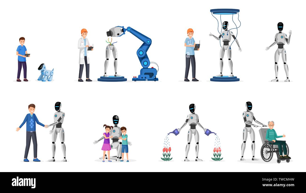 Robotertechnik flachbild Vektorgrafiken. Cyborgs, Erwachsene und Kinder Zeichentrickfiguren. Futuristische Technologie im täglichen Leben, Kind spielt mit künstlichen Hund, droid Gärtner, Babysitter Stock Vektor