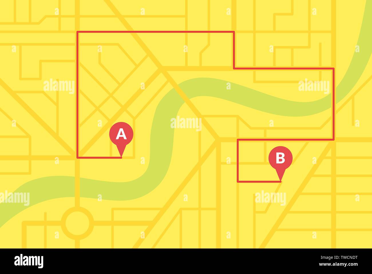 Stadt Stadtplan plan mit GPS-Pins und Navigation Route von A nach B Punkt Marker. Vector gelb Farbe eps Abbildung: Schema Stock Vektor