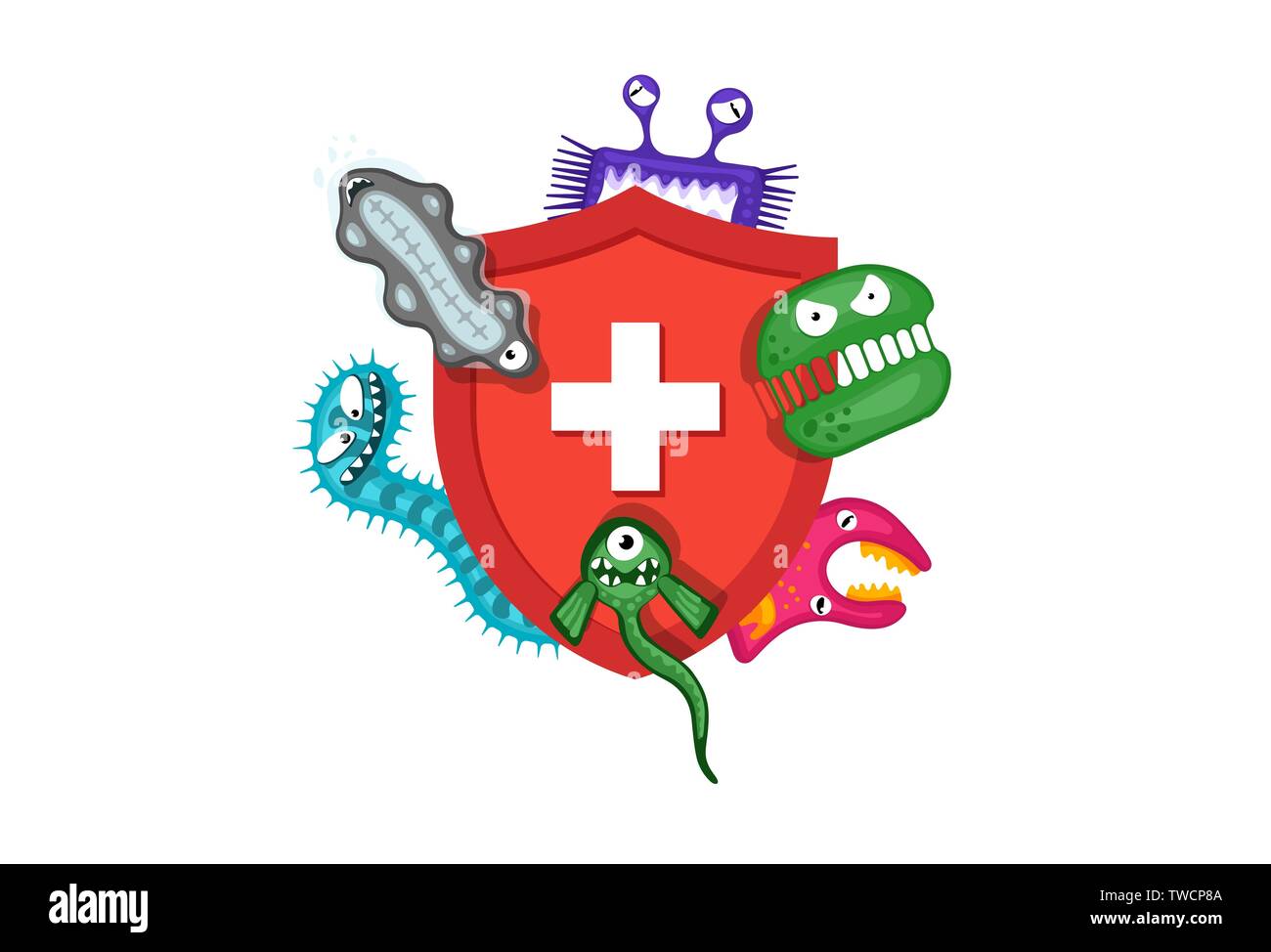 Immunsystem Konzept. Hygienische medical red Shield Schutz vor Virus Keime und Bakterien. Flache Vector EPS 10 Abbildung auf weißem Hintergrund Stock Vektor