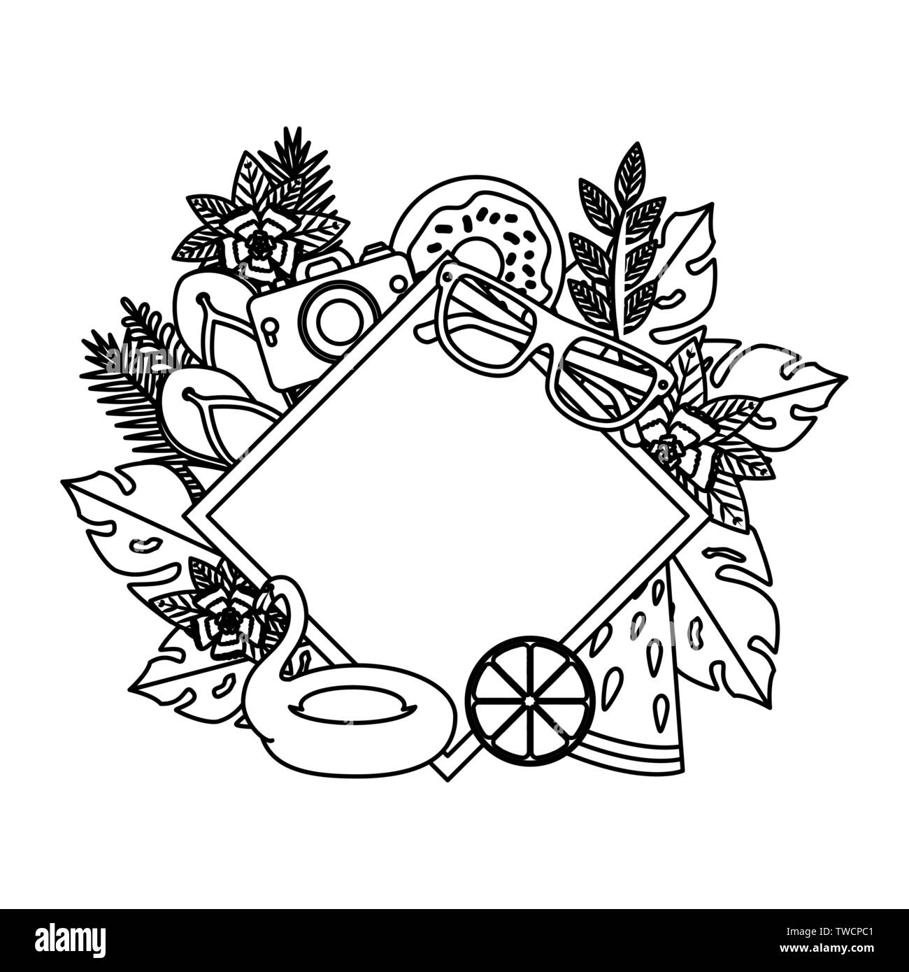 Sommer Rahmen mit Blätter Pflanzen und Symbole Stock Vektor