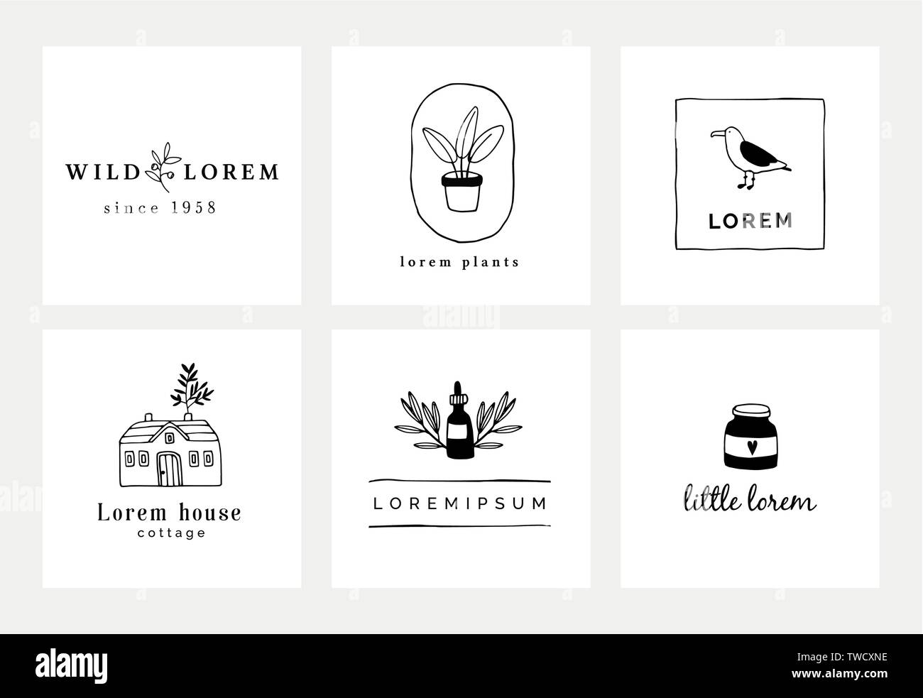 Satz von Hand gezeichnet minimal Logo vorlagen. Essen, Trinken und Reisen Konzept. Business Branding Identität. Isolierte Symbole. Einfache und elegante Symbole Colle Stock Vektor