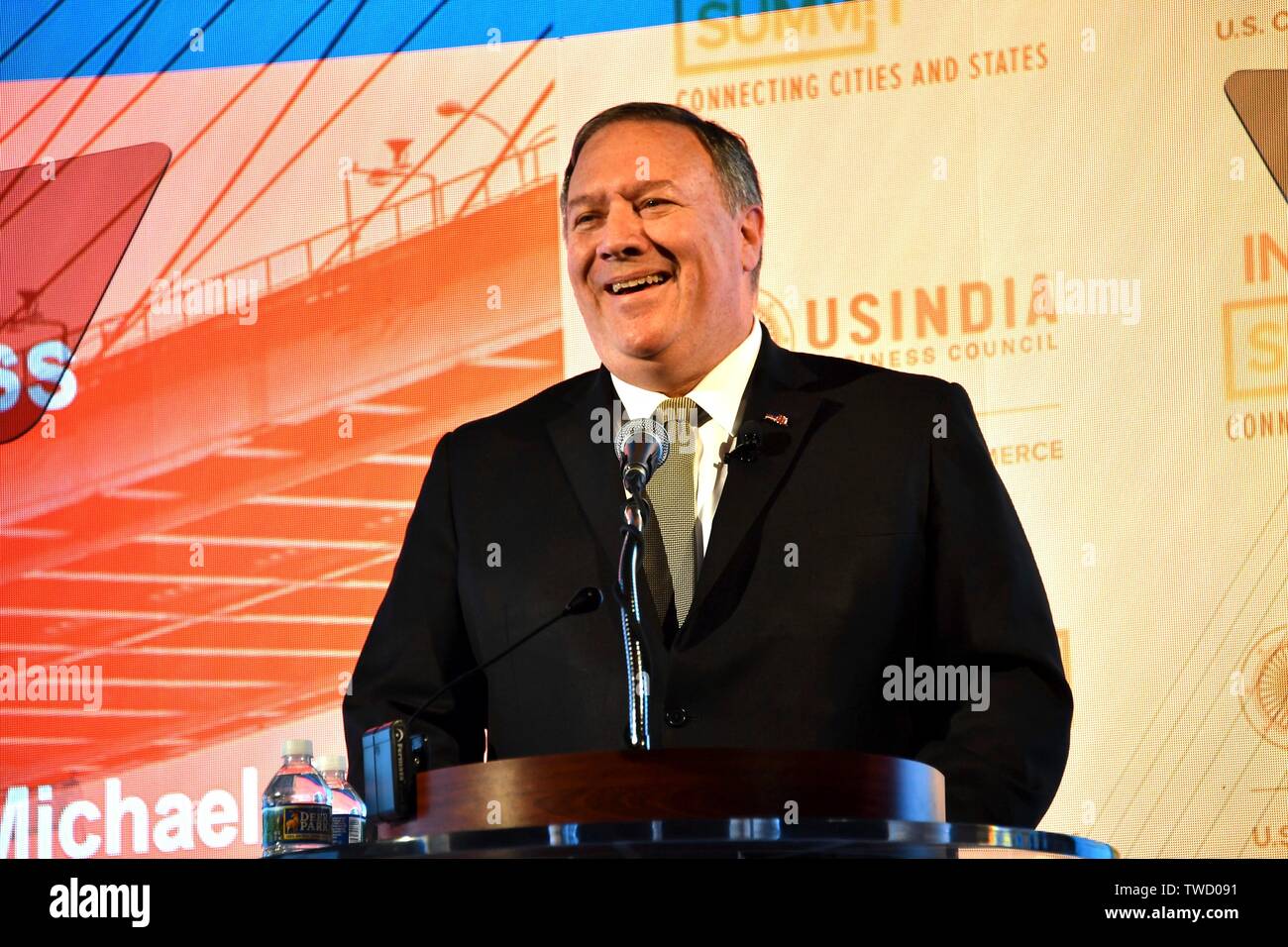 Us-Staatssekretär Mike Pompeo liefert Bemerkungen auf der Indien Ideen Gipfel und der 44. Jahrestagung der US-India Business Council, an der US-amerikanischen Handelskammer in Washington Juni 12, 2019, GLEICHSTROM Stockfoto
