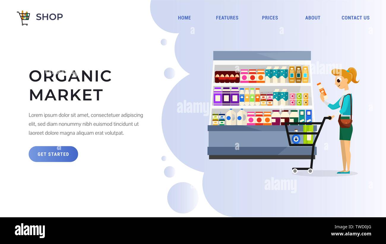 Website Vorlage mit Frau Wahl waren in Milch Abteilung. Frauen in der Nähe von Lebensmittelladen Trolley voller Produkte Vector Illustration. Schaltfläche "Erste Schritte" erhalten. Für text Stock Vektor
