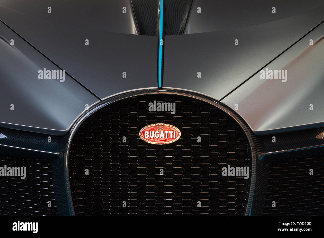 Detail der Kühlergrill eines Bugatti Divo. 2019 Edition von Parco Valentino Auto show hosts Autos durch viele Marken und Designer Valentino Park in Turin, Italien. Stockfoto