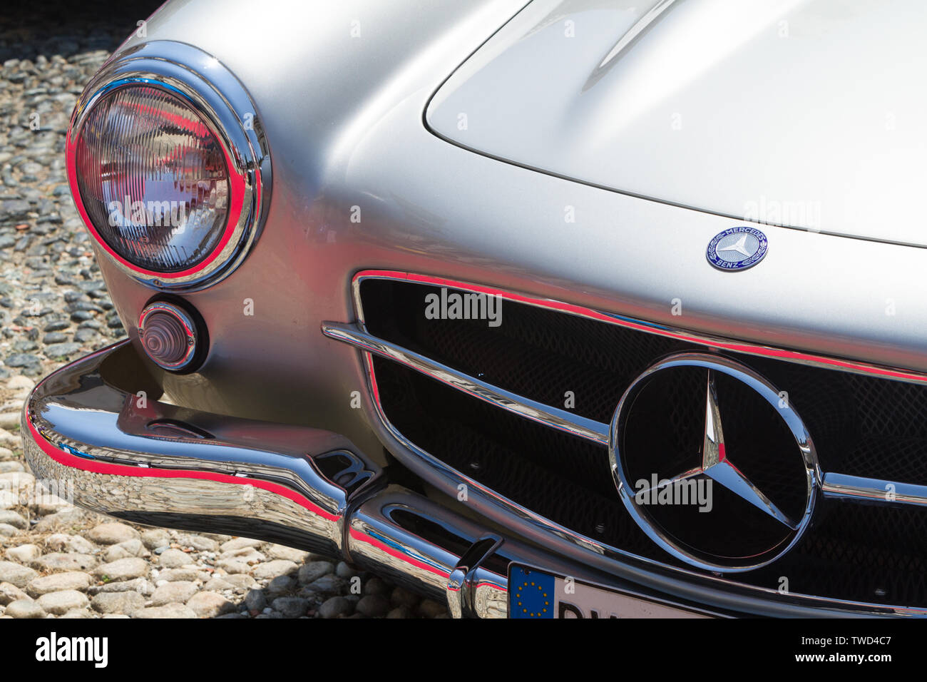 Detail des Mercedes 300 SL. 2019 Edition von Parco Valentino Auto show hosts Autos durch viele Marken und Designer Valentino Park in Turin, Italien. Stockfoto