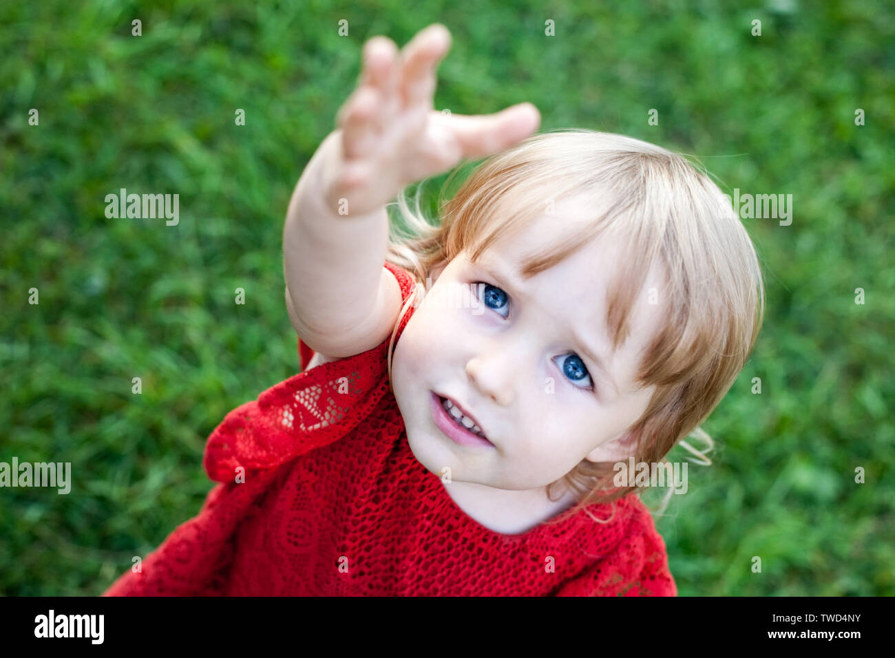 Wenig kaukasische Mädchen anspruchsvolle Gesicht und Hand closeup Draufsicht auf grünem Gras Hintergrund Stockfoto