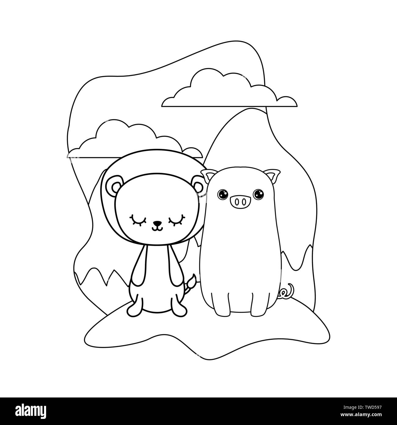 Süße Schweinchen mit Lion Tiere in der Landschaft Vector Illustration Design Stock Vektor