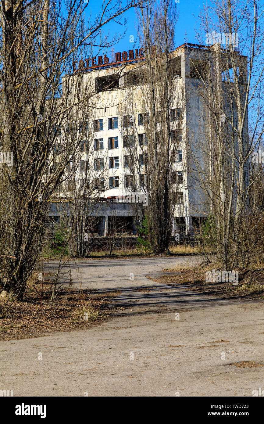 Osteuropa, Ukraine, Pripyat, Tschernobyl. Hotel Polissya. April 10, 2018. Stockfoto