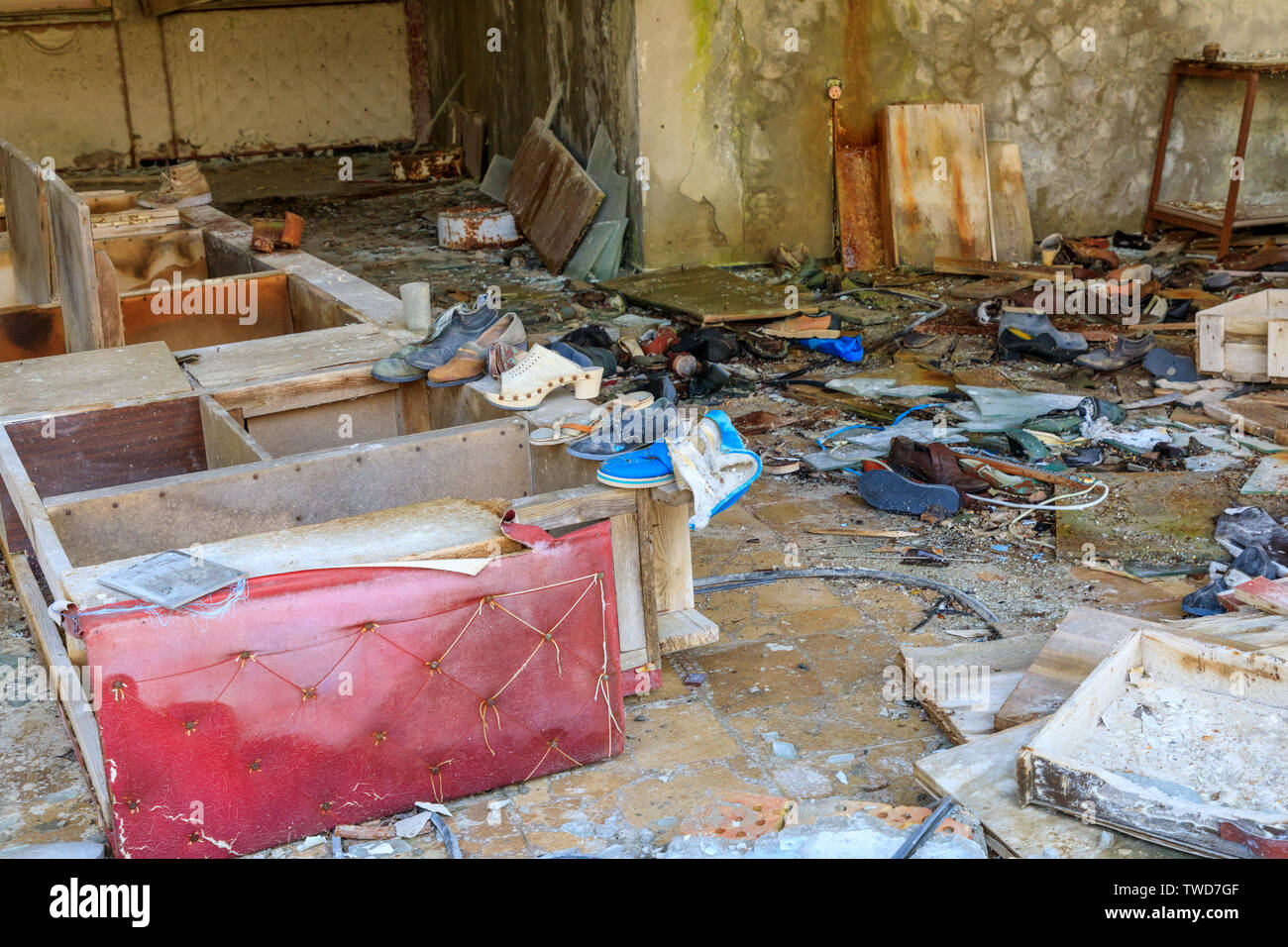 Osteuropa, Ukraine, Pripyat, Tschernobyl. Schuhgeschäft. Stockfoto