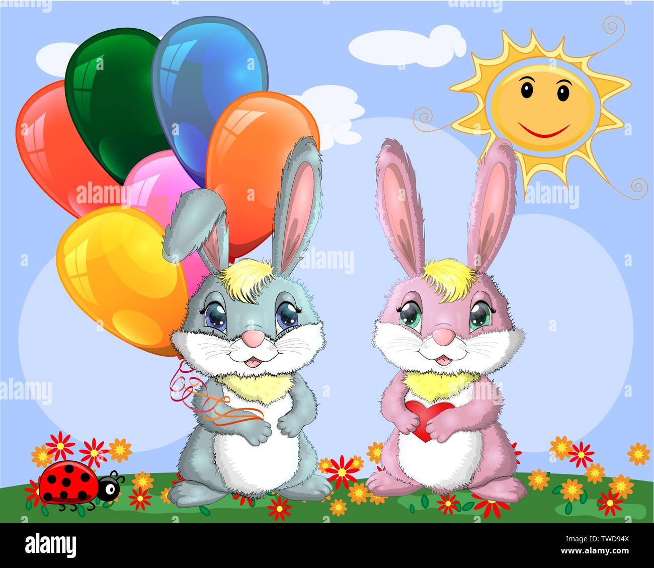 Cute cartoon Bunny mit einem Arm voller Bälle und ein Häschen Freundin in einer Wiese in der Nähe der Regenbogen. Frühling, Liebe, Postkarte Stock Vektor