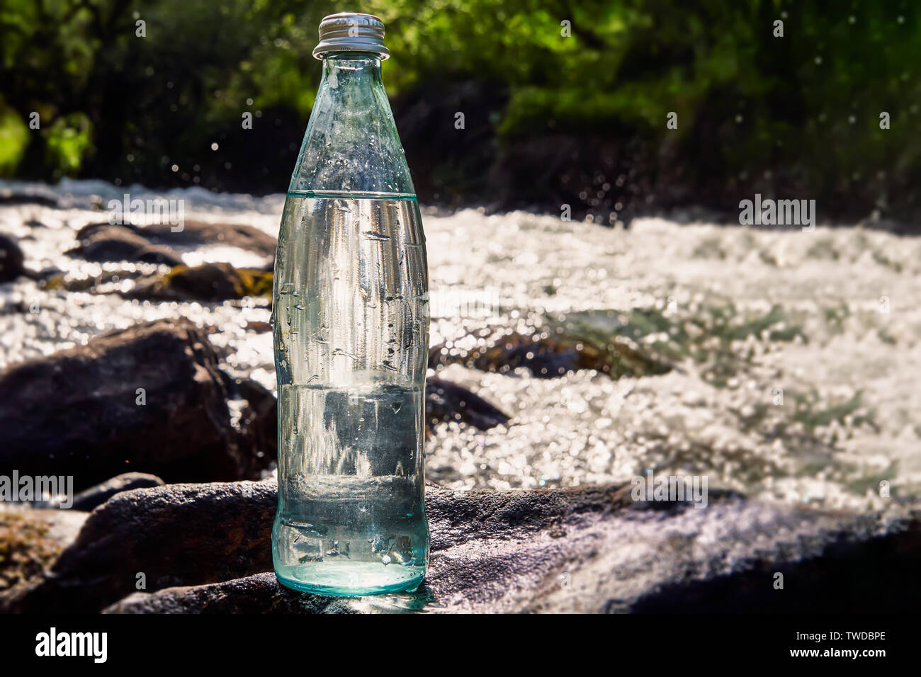 Eine Flasche frisches, kühles Wasser vor dem Hintergrund der Natur, einem Gebirgsfluss mit reinstem Wasser. Stockfoto