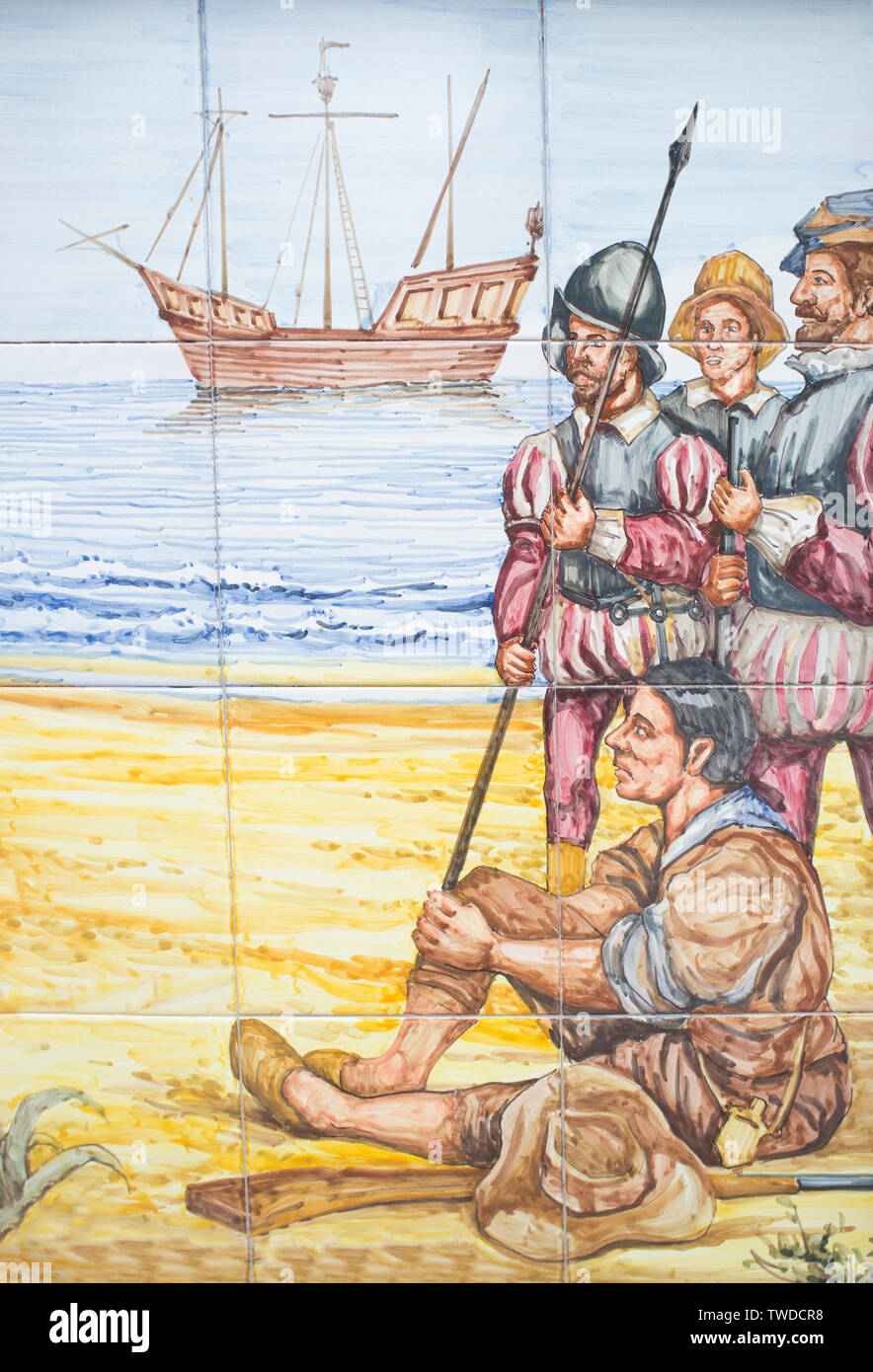 Francisco Pizarro auf der Isle del Gallo, zeichnet eine Linie im Sand für die berühmten dreizehn Stockfoto