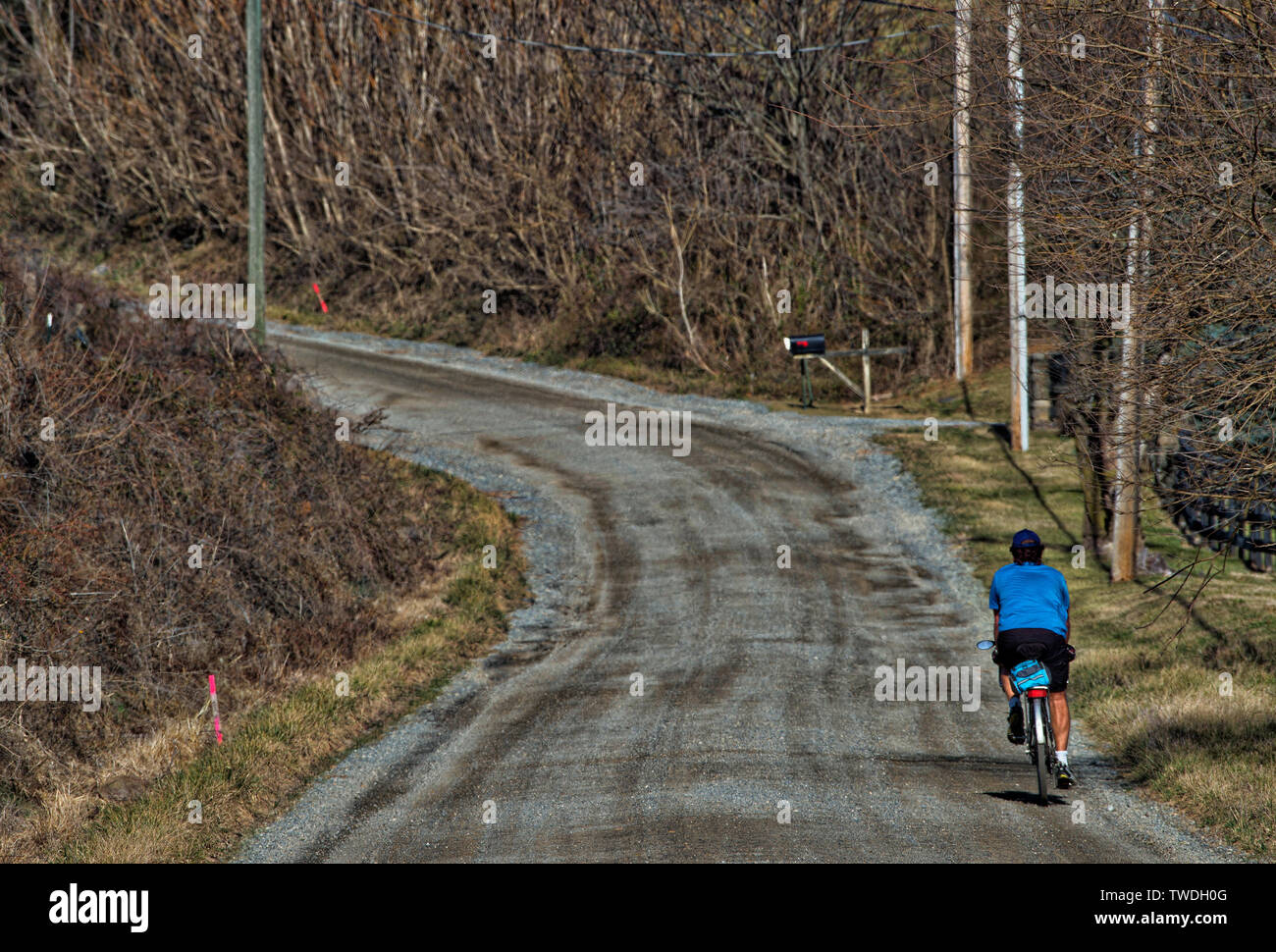 UNITED STATES - 02-20-2017: ein Radfahrer genießt eine warme Präsidenten Tag Urlaub mit einer Fahrt entlang Williams Gap Road in der Nähe von Bluemont im westlichen Loudoun County Stockfoto