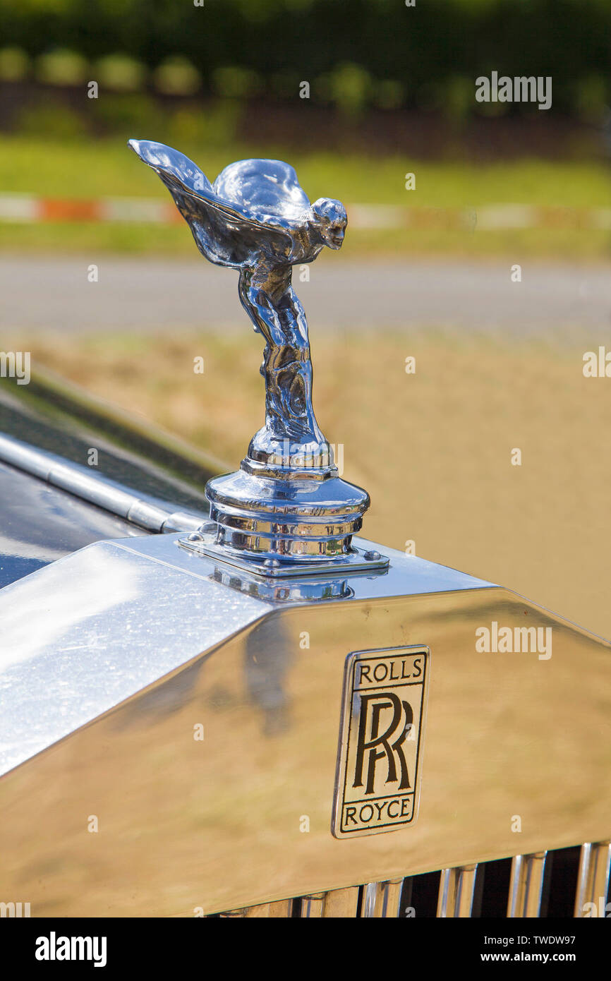Motorhaube Maskottchen eines Rolls-Royce Silver Wraith, Baujahr 1950, auf einer Wiese, Veldenz, mittleren Mosel, Rheinland-Pfalz, Deutschland Stockfoto