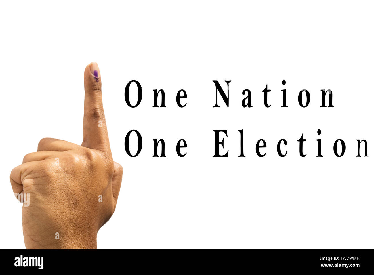 Eine Nation eine Wahl mit Geste der indischen Wahl auf isolierten Hintergrund. Stockfoto