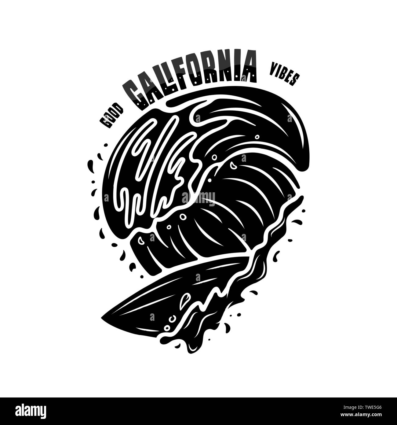 Vintage surf Print silhouette Design für t-shirt und andere verwendet. Welten Okayes Surfer Typografie zitat Kalligraphie und Surfbrett in den Wellen Stock Vektor