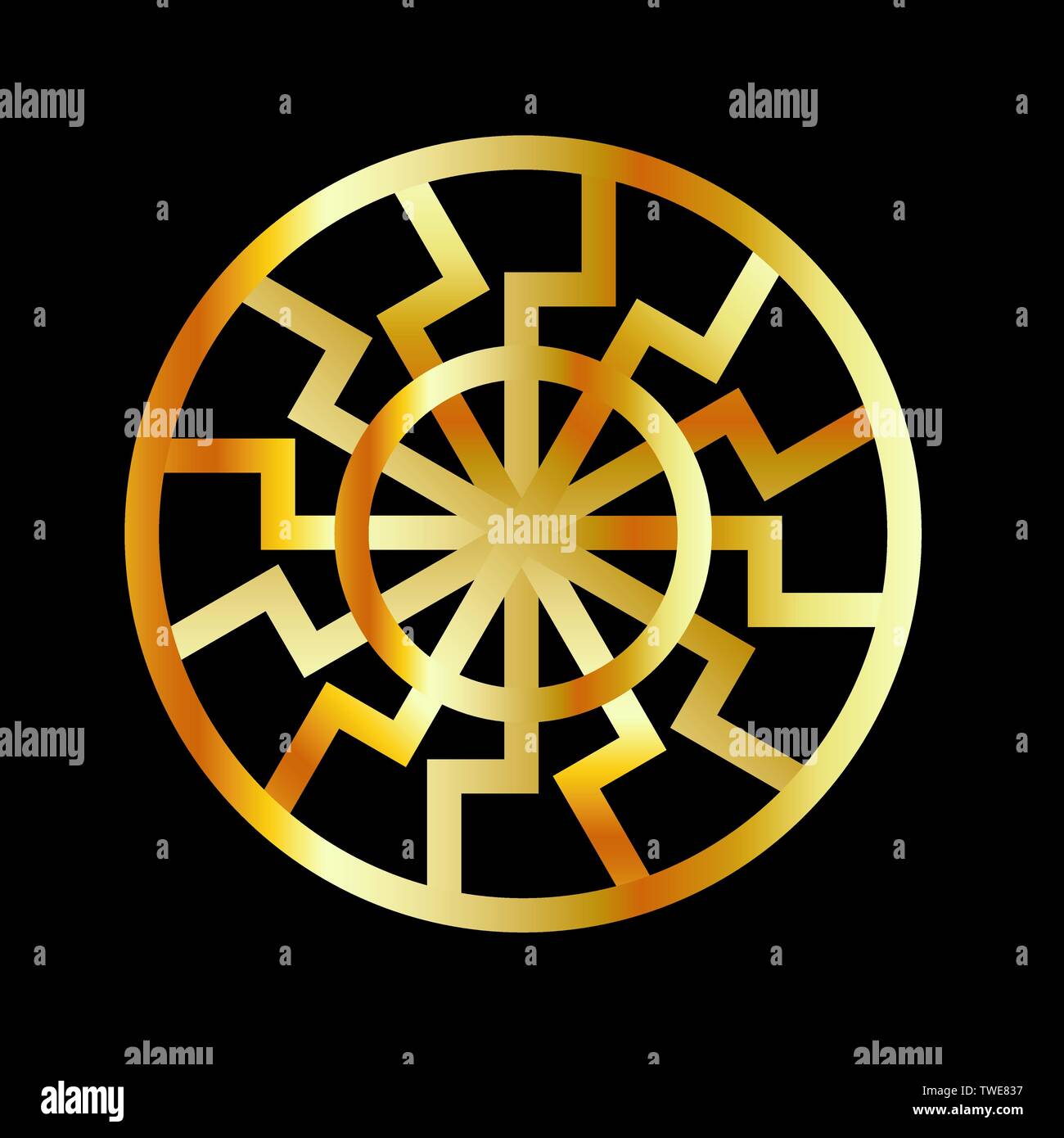 Schwarzes Sonnensymbol in Gold- Schwarze Sonne- Okkultes Subkultursymbol Stock Vektor