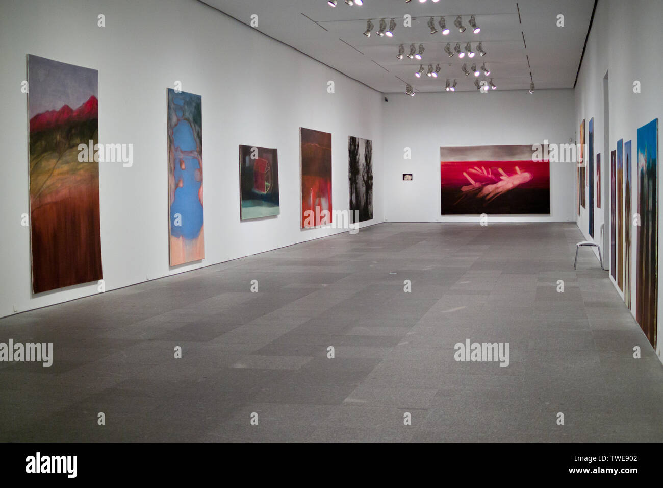 Miriam Cahn's 'alles ist genauso wichtig' Ausstellung in Madrid. Dieses Zimmer enthält enorme farbigen Gemälden an der Wand montiert Stockfoto