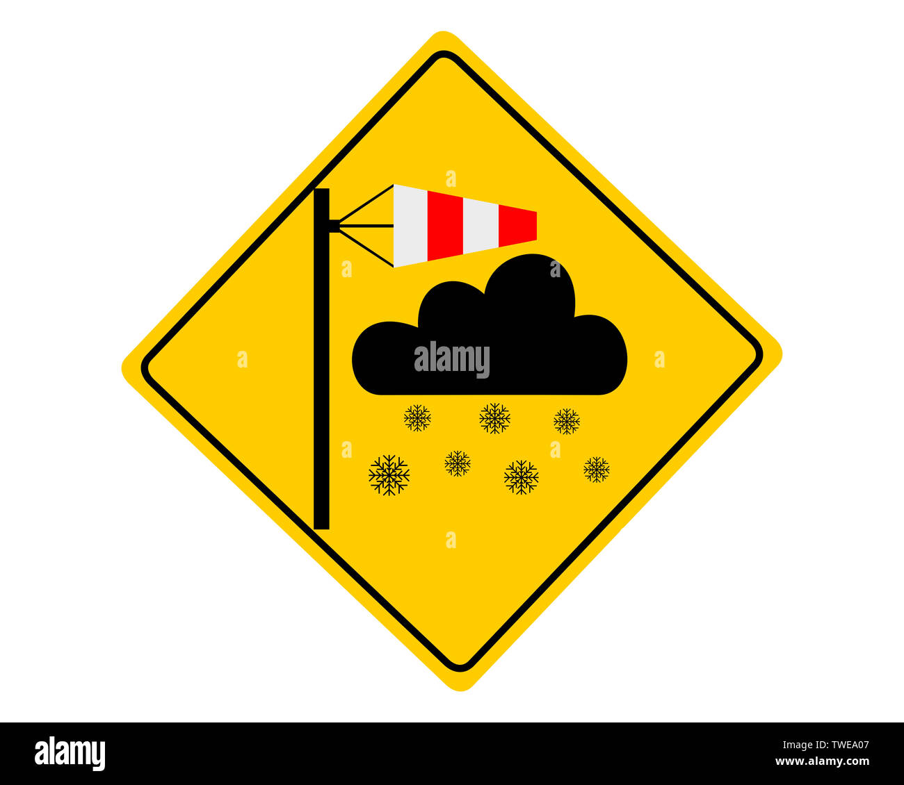 Verkehr Warnschild Blizzard auf Weiß Stockfoto