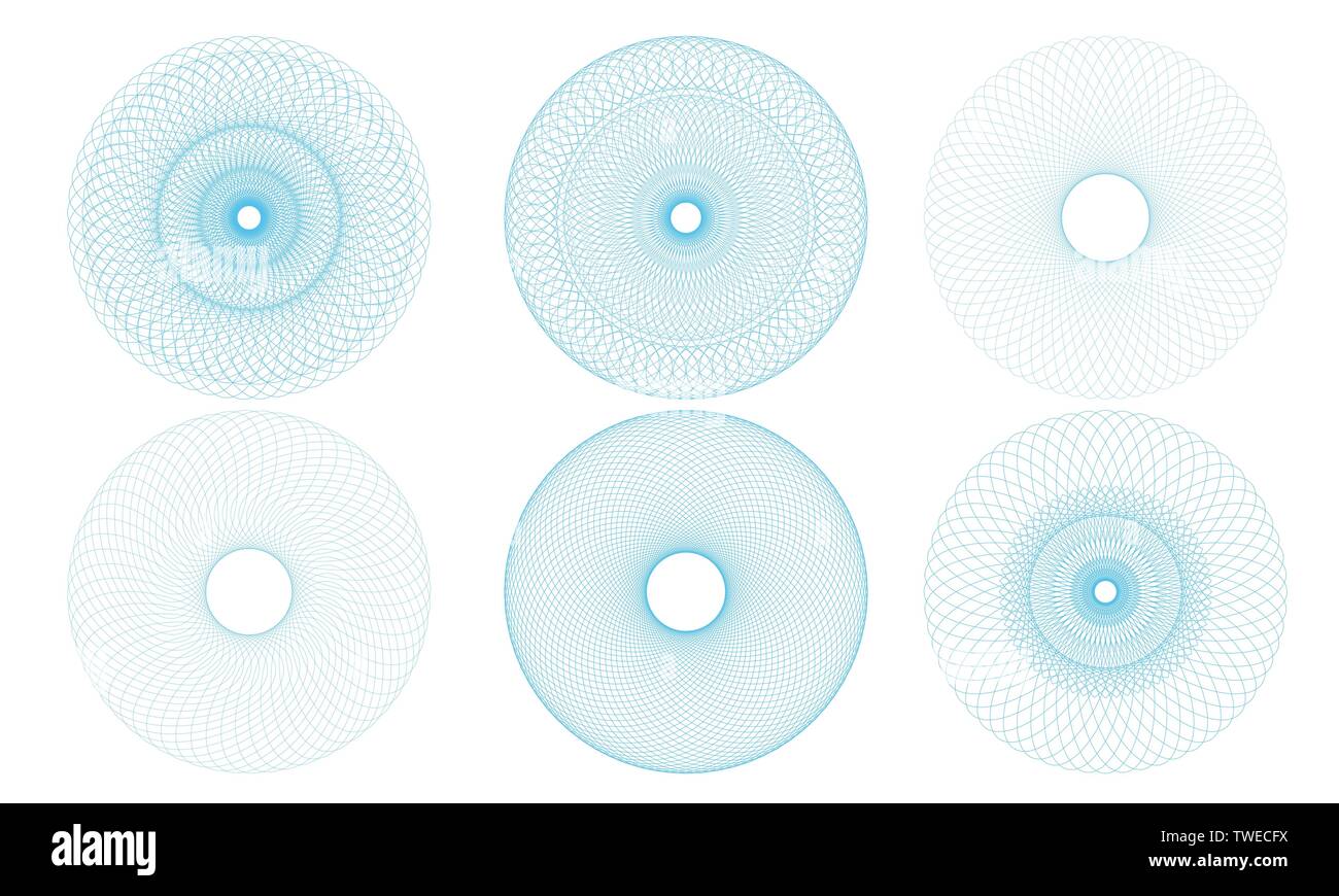 Set mit geometrischen Abstrakten Spirograph Muster isoliert auf weißem Hintergrund. Symmetrische Formen geeignet als Wasserzeichen. Runde und Spirale verdreht Circus Stock Vektor