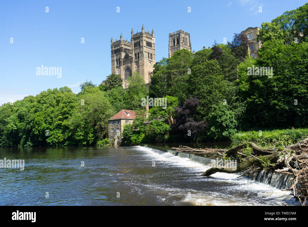 Durham Cathedral über dem Fluss Wear mit walkmühle am Ufer des Flusses mit blauer Himmel Stockfoto