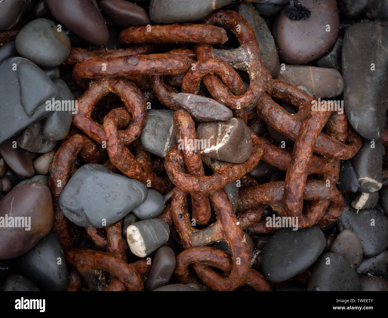 Eine verrostete alte Kette Hälfte in Kieselsteine am Strand in Devon, Großbritannien begraben Stockfoto