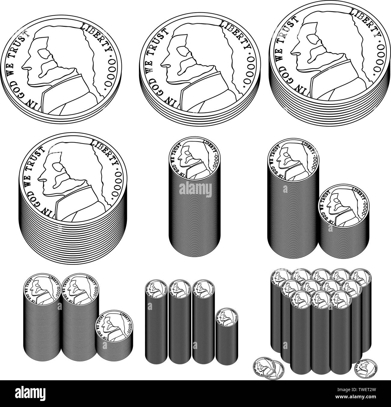 Dies ist ein anschauliches Beispiel für gestapelte 5 Cent Münzen. Stockfoto
