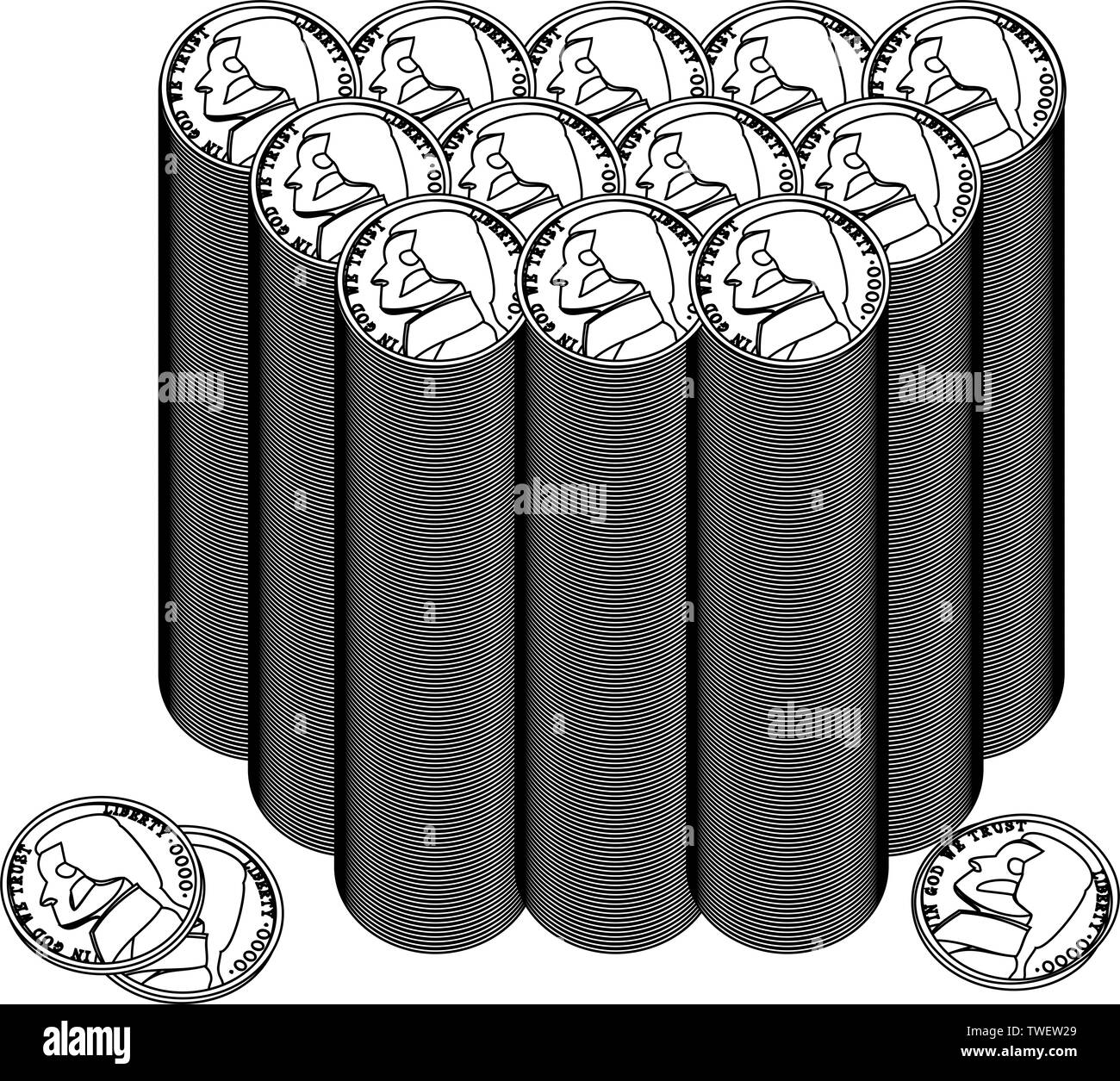 Dies ist ein anschauliches Beispiel für gestapelte 5 Cent Münzen. Stockfoto