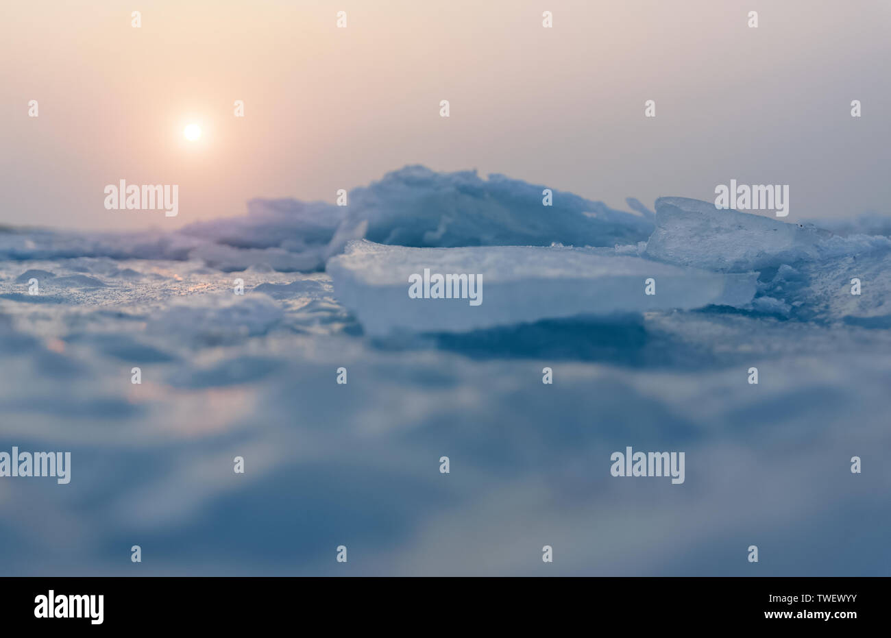 Kleine Eiskristalle auf dem zugefrorenen See. Selektiver Fokus und flache Tiefenschärfe. Stockfoto