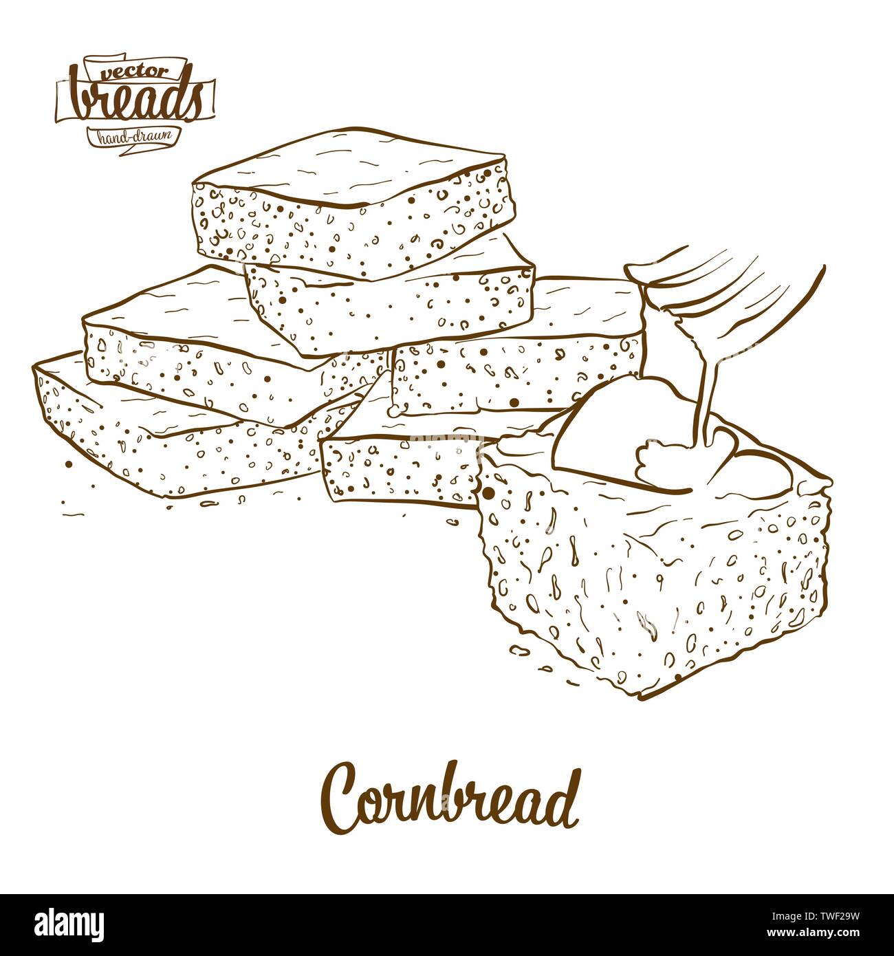 Cornbread Brot vektor Zeichnung. Essen Skizze der Cornbread, meist in Amerika bekannt. Bäckerei Abbildung Serie. Stock Vektor