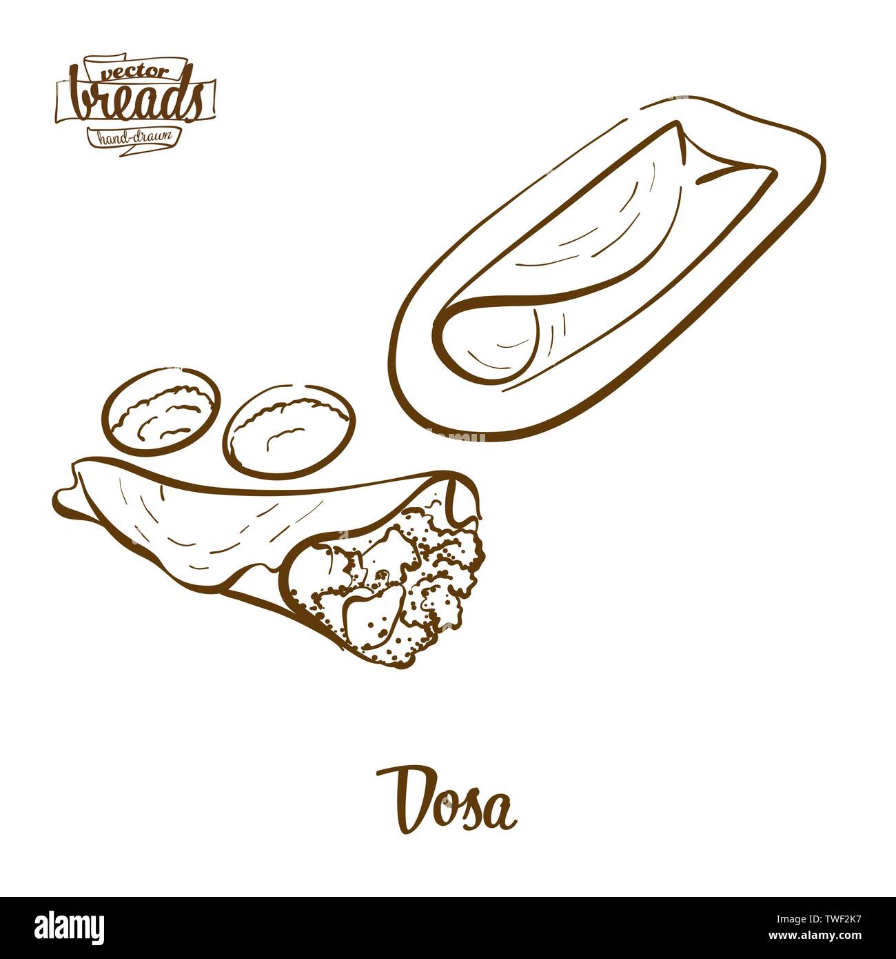 Dosa Brot vektor Zeichnung. Essen Skizze der Pfannkuchen, die in der Regel in Indien bekannt. Bäckerei Abbildung Serie. Stock Vektor