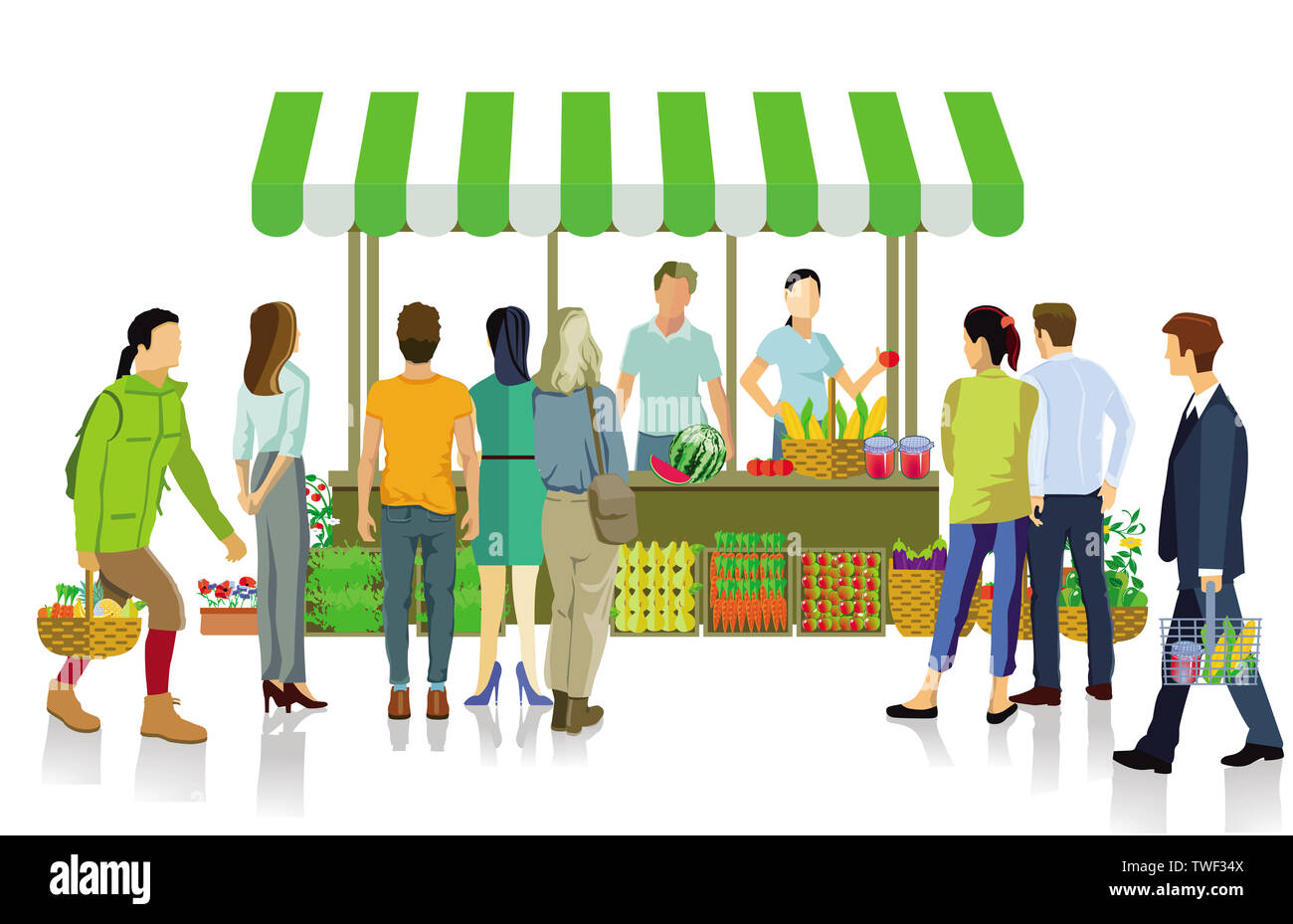 Farmers Market mit Kunden, Gemüse, Obst Stockfoto