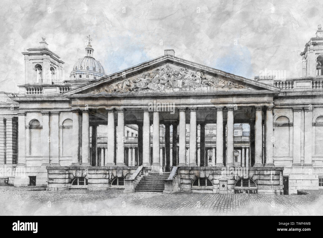 Feder und Aquarell Abbildung des Alten Royal Naval College in Greenwich, London, UK Stockfoto