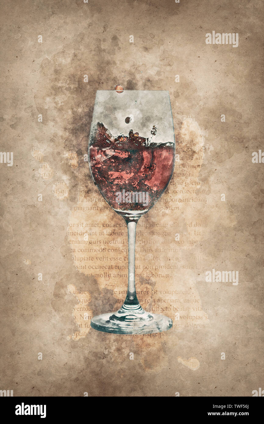 Abbildung: ein Glas Rotwein gegen alte Pergamenthandschriften eingestellt Stockfoto