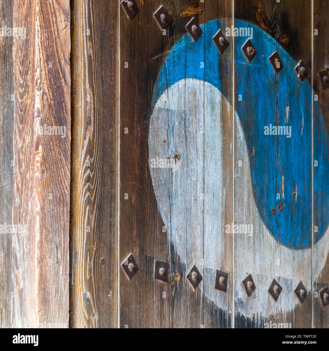 Eum und Yang Symbol, koreanische Variante von Yin und Yang. Bunte retro Malerei auf einer alten hölzernen Tür. Stockfoto